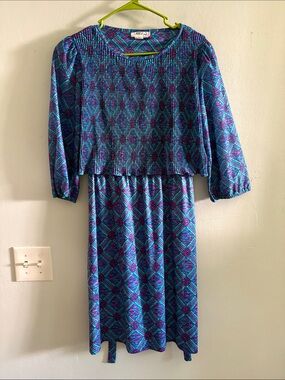 Vintage M.C.S. Ltd. New York Teal & Purple Pattern midi dress 10